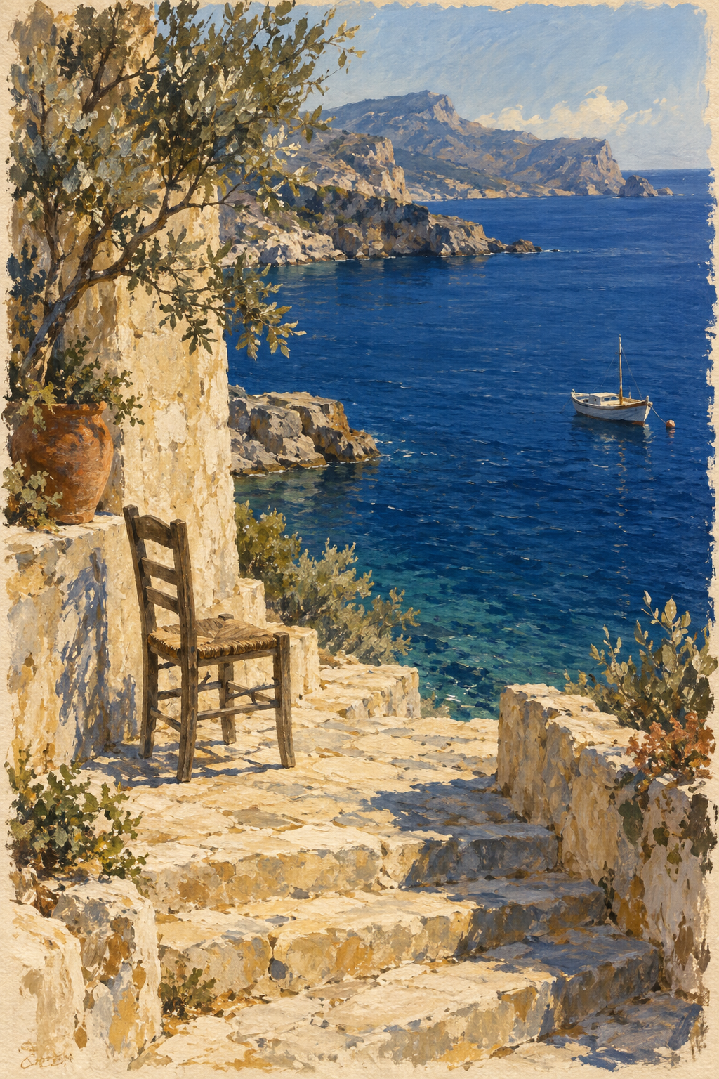 A sunlit painting of an empty wooden chair on warm stone steps above a blue Mediterranean sea, with a small boat offshore.