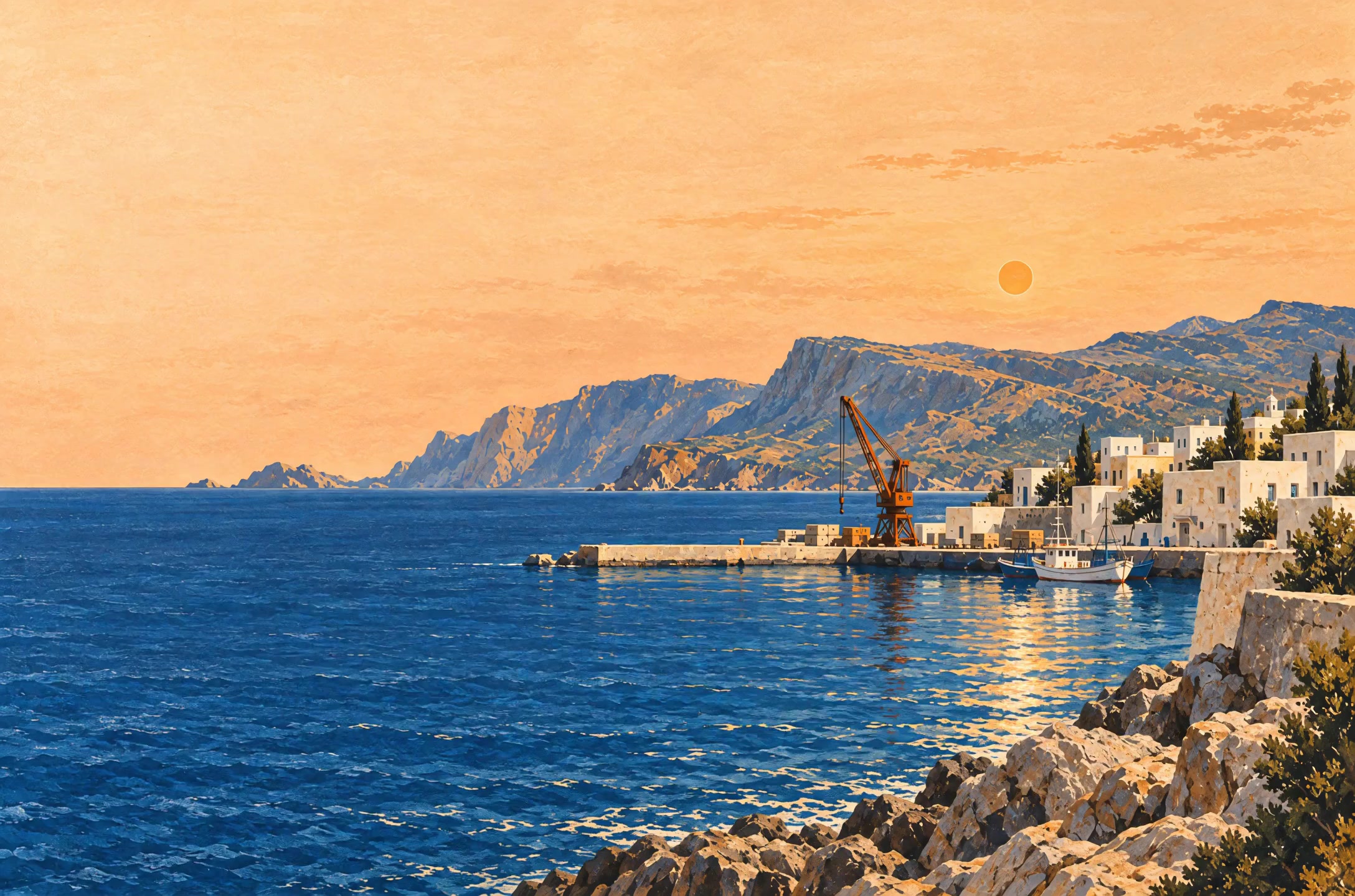 An imagined Mediterranean harbor, white buildings and an orange crane beside a quiet blue sea.